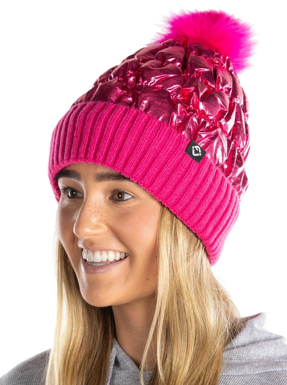 6881 Metallic Puffer Beanie Pom Hat with Faux Fur Pom, Soft Fleece Lined